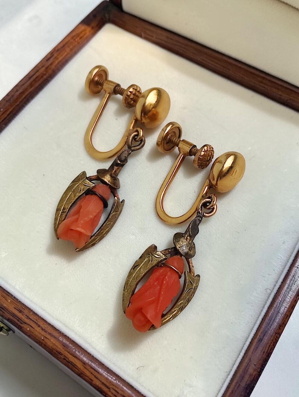 Antique Victorian 12K GF Coral Rose Earrings
